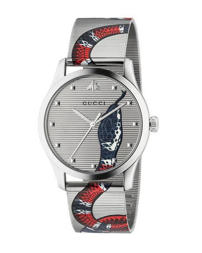 Shop Gucci Men's Snake Mesh Stainless Steel Bracelet Watch In Gray/red