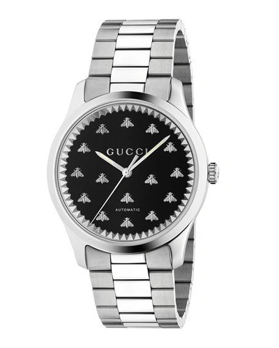 Shop Gucci Men's 42mm Signature Bee Automatic Bracelet Watch With Black Onyx Dial In Silver