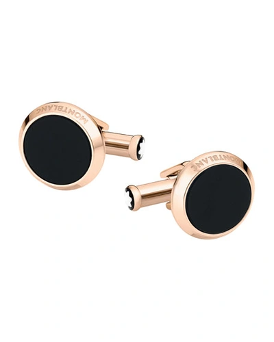 Shop Montblanc Onyx-inlay Round Rose Golden Cufflinks In Black