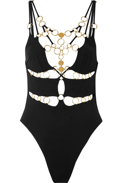 Shop Agent Provocateur Davine Cutout Embellished Swimsuit In Black