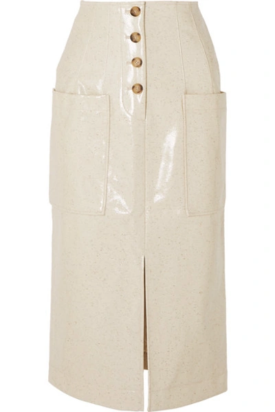 Shop Rejina Pyo Carmen Button-embellished Coated Wool-blend Midi Skirt In Ivory
