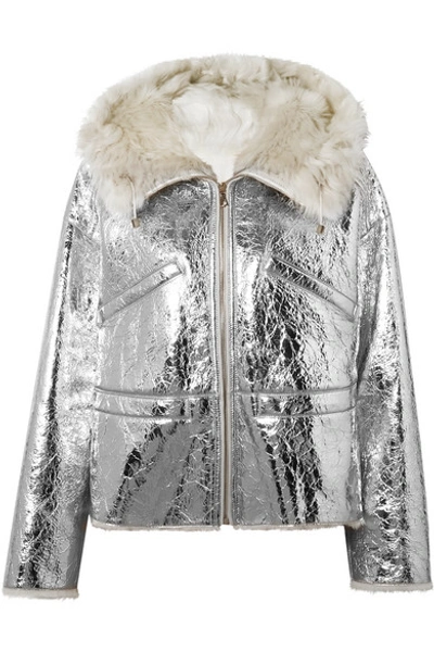 Shop Yves Salomon Shearling-lined Metallic Crinkled-leather Hooded Jacket In Gold