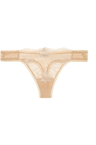 Shop La Perla Lapis Stretch-leavers Lace And Tulle Thong In Beige