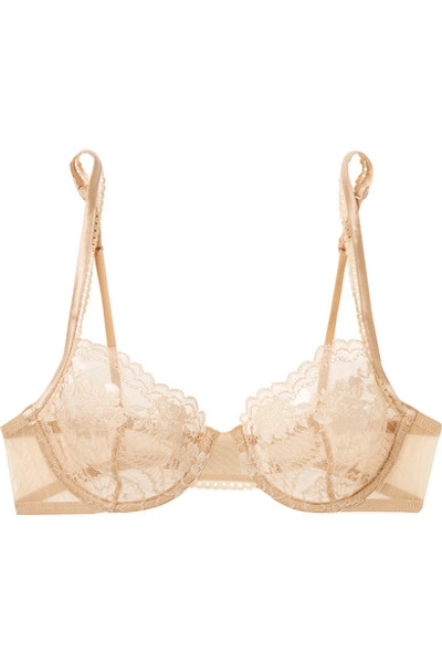 Shop La Perla Lapis Stretch-leavers Lace And Tulle Soft-cup Underwired Bra In Beige