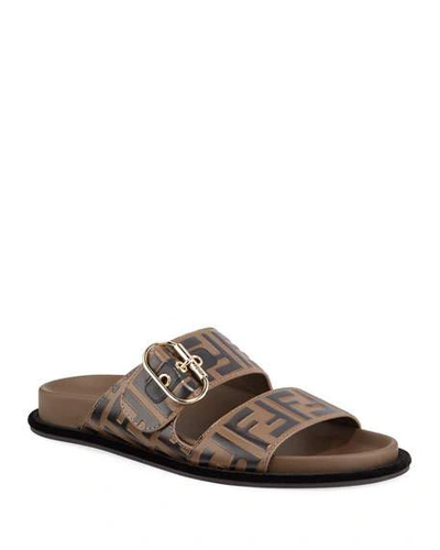 Shop Fendi Leather Ff Slide Sandals In Brown