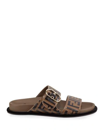 Shop Fendi Leather Ff Slide Sandals In Brown
