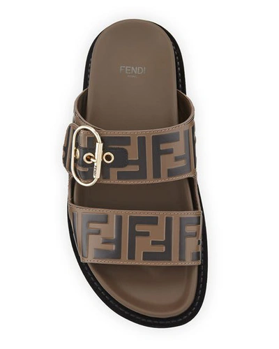 Shop Fendi Leather Ff Slide Sandals In Brown