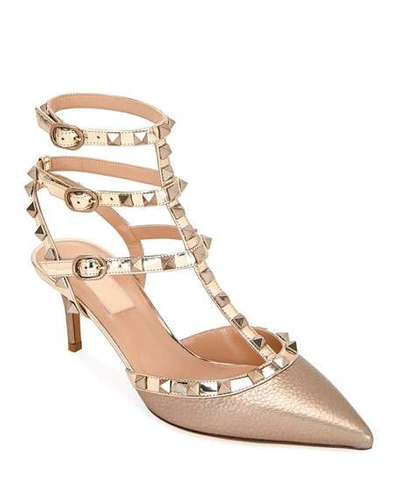 Shop Valentino Rockstud Metallic Pointed Ankle Pumps In Skin