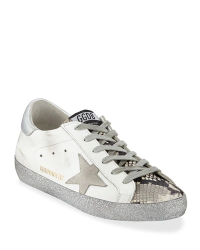 Shop Golden Goose Superstar Snake-print And Glitter Sneakers In White/silver