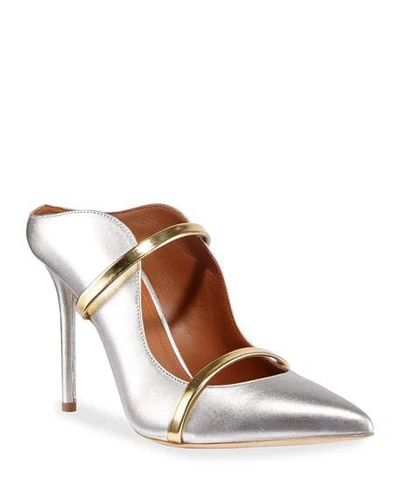 Shop Malone Souliers Maureen 100mm Metallic Leather Two-strap Mules In Silver