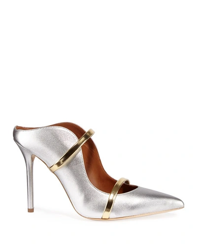 Shop Malone Souliers Maureen 100mm Metallic Leather Two-strap Mules In Silver
