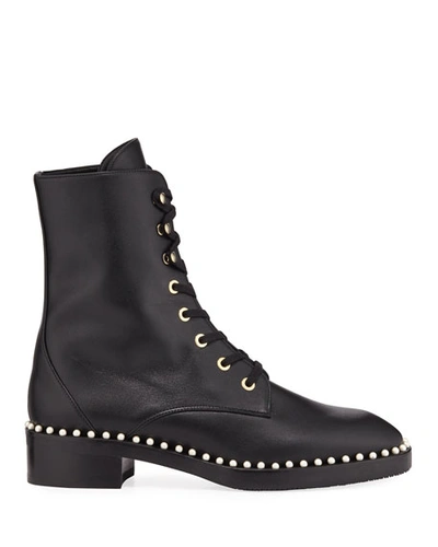 Shop Stuart Weitzman Sondra Pearly-studded Combat Boots In Black