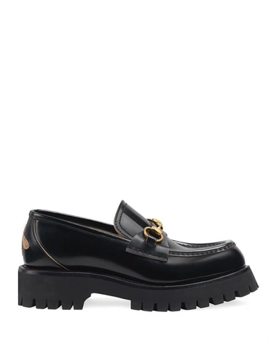 Shop Gucci Harald Leather Lug-sole Loafers In Black
