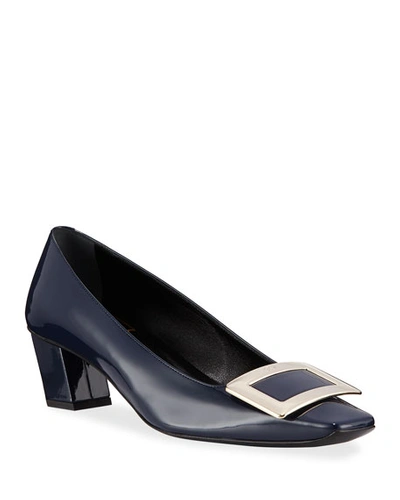 Shop Roger Vivier Belle Vivier Patent Leather 45mm Block-heel Pumps In Navy