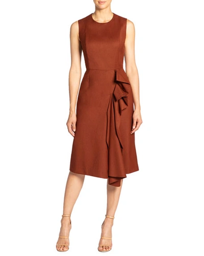 Shop Santorelli Nicolette Sleeveless Wool Dress With Side Ruffle Detail In Rust