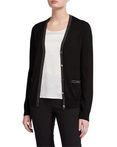 Shop Tory Burch Madeline Wool V-neck Button-front Cardigan W/ Contrast Trim In Black/navy Stripe