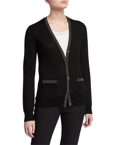 Shop Tory Burch Madeline Wool V-neck Button-front Cardigan W/ Contrast Trim In Black/navy Stripe