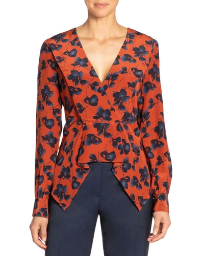 Shop Santorelli Miranda Floral Long-sleeve Top W/ Inverted Pleated Front Panel In Rust