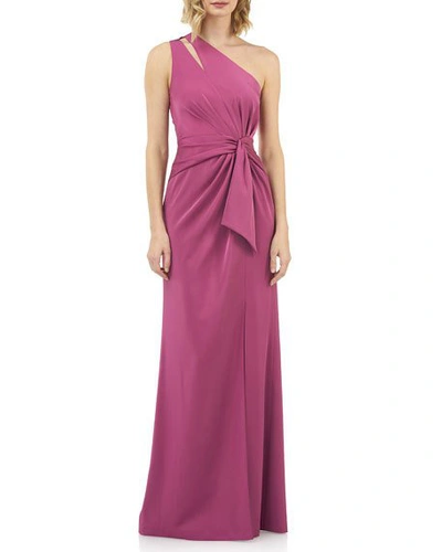Shop Kay Unger Emma Draped One-shoulder Stretch Faille Gown W/ Twist Detail In Autumn Berry