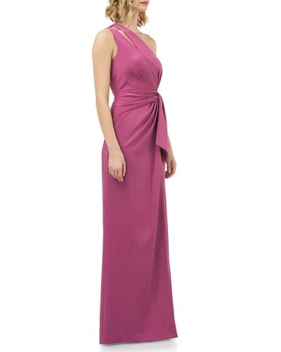 Shop Kay Unger Emma Draped One-shoulder Stretch Faille Gown W/ Twist Detail In Autumn Berry