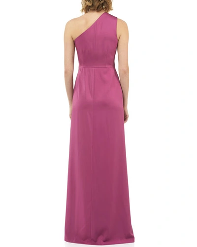 Shop Kay Unger Emma Draped One-shoulder Stretch Faille Gown W/ Twist Detail In Autumn Berry