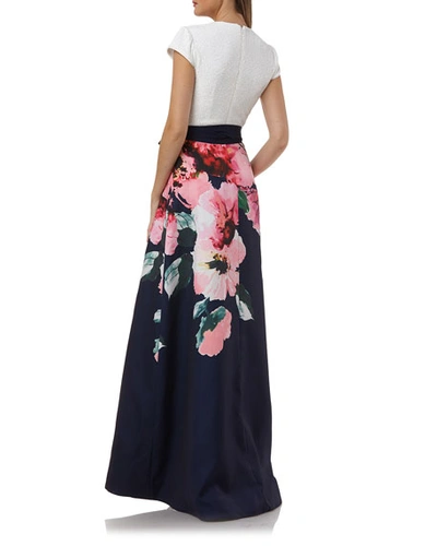 Shop Carmen Marc Valvo Infusion Sequin-bodice Cap-sleeve Gown W/ Floral-print Skirt In White/navy