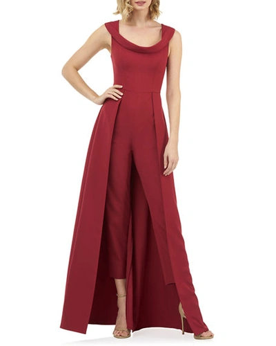 Shop Kay Unger Anais Stretch Crepe Jumpsuit With Skirt Overlay In Ruby