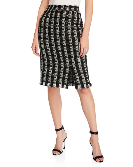 Oscar De La Renta Shimmer Check-Tweed Pencil Skirt In Black | ModeSens