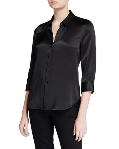 Shop L Agence Dani Silk Satin 3/4-sleeve Button-down Blouse In Black