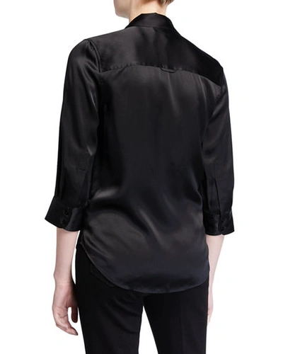 Shop L Agence Dani Silk Satin 3/4-sleeve Button-down Blouse In Black