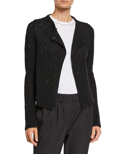 Shop Brunello Cucinelli Sequined English-ribbed Silk/linen Cardigan In Black