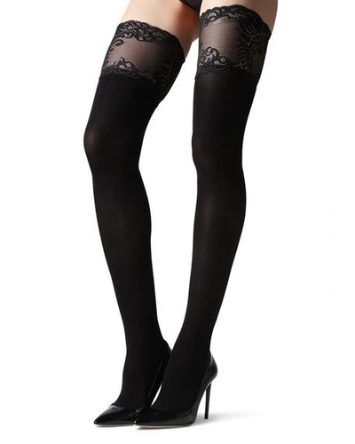 Shop Natori Feathers Opaque Stay-up Thigh Highs In Black