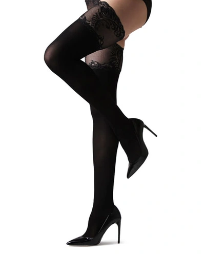 Shop Natori Feathers Opaque Stay-up Thigh Highs In Black