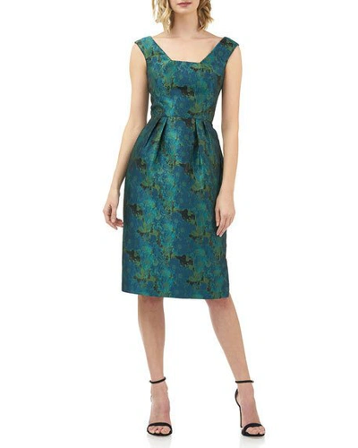 Shop Kay Unger Julia Printed Jacquard Sleeveless Cocktail Dress W/ Pegged Skirt In Teal Multi