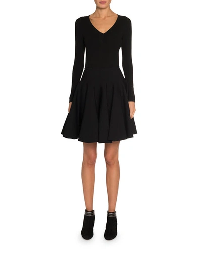 Shop Alaïa Wool Long-sleeve V-neck Bodysuit In Black