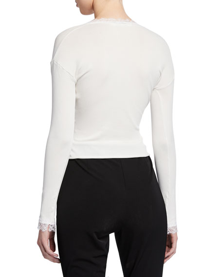 Jonathan Simkhai Knit Long-sleeve Wrap Top With Lace In White | ModeSens