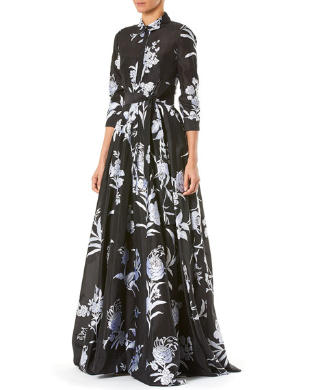 Carolina Herrera Embroidered Floral Belted Trench Gown In Black | ModeSens