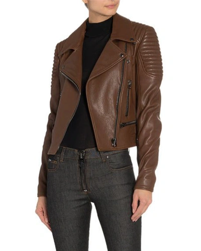 Shop Tom Ford Leather Moto Jacket In Brown