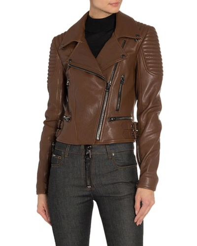Shop Tom Ford Leather Moto Jacket In Brown