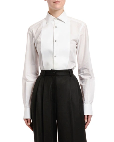 Shop Dolce & Gabbana Long-sleeve Cotton Poplin Jewel-button Blouse In White