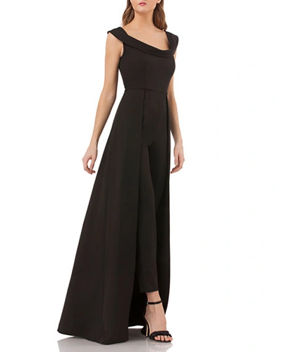 Shop Kay Unger Scoop-neck Cap-sleeve Jumpsuit With Skirt Overlay In Black