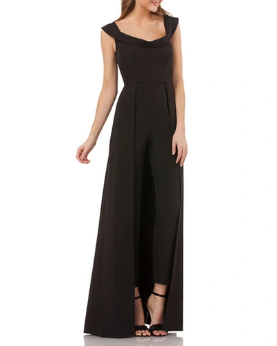 Shop Kay Unger Scoop-neck Cap-sleeve Jumpsuit With Skirt Overlay In Black