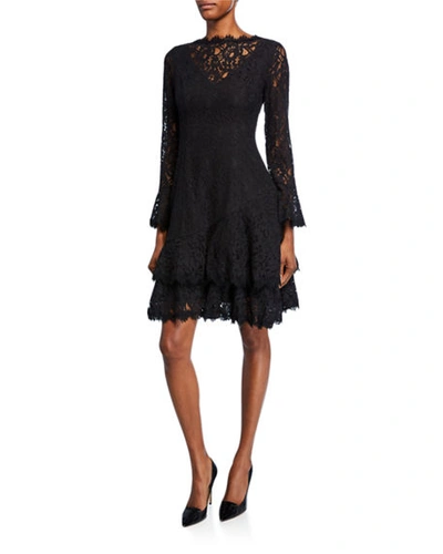 Shop Shani Long-sleeve Illusion-neck Ruffle-hem Lace Dress In Black