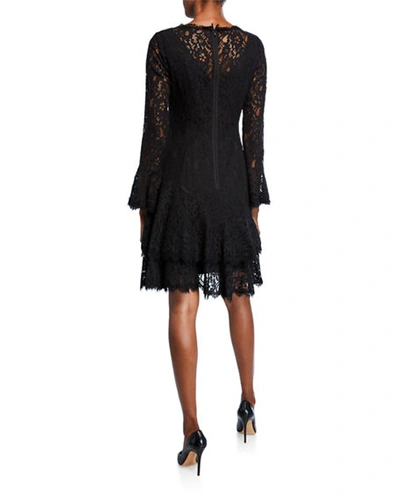 Shop Shani Long-sleeve Illusion-neck Ruffle-hem Lace Dress In Black