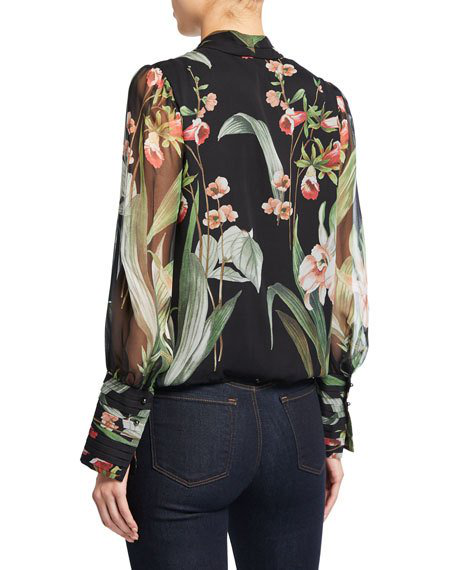 Elie Tahari Laya Floral Button-front Blouson-sleeve Silk Blouse In ...
