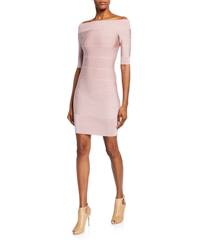 Shop Herve Leger Off-the-shoulder Icon Ribbed Dress In Blush