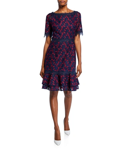 Shop Shani Bateau-neck Short-sleeve Embroidered Lace Dress In Navy/berry