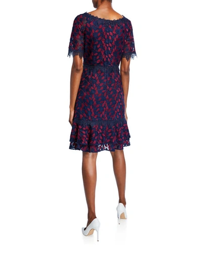 Shop Shani Bateau-neck Short-sleeve Embroidered Lace Dress In Navy/berry