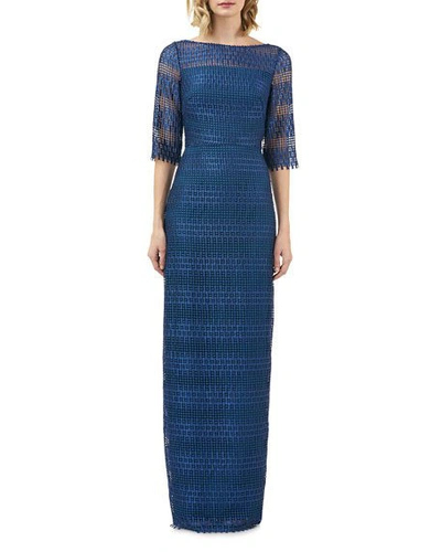 Shop Kay Unger Chemical Lace Elbow-sleeve Column Gown In Sapphire/peacock