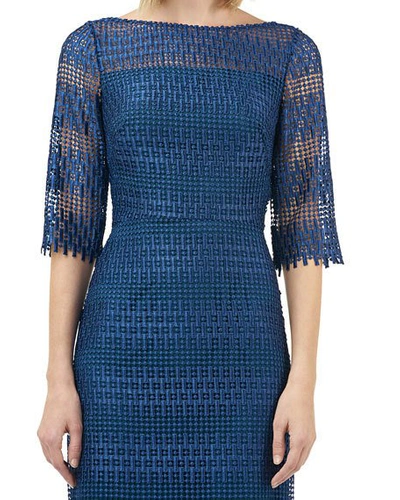 Shop Kay Unger Chemical Lace Elbow-sleeve Column Gown In Sapphire/peacock